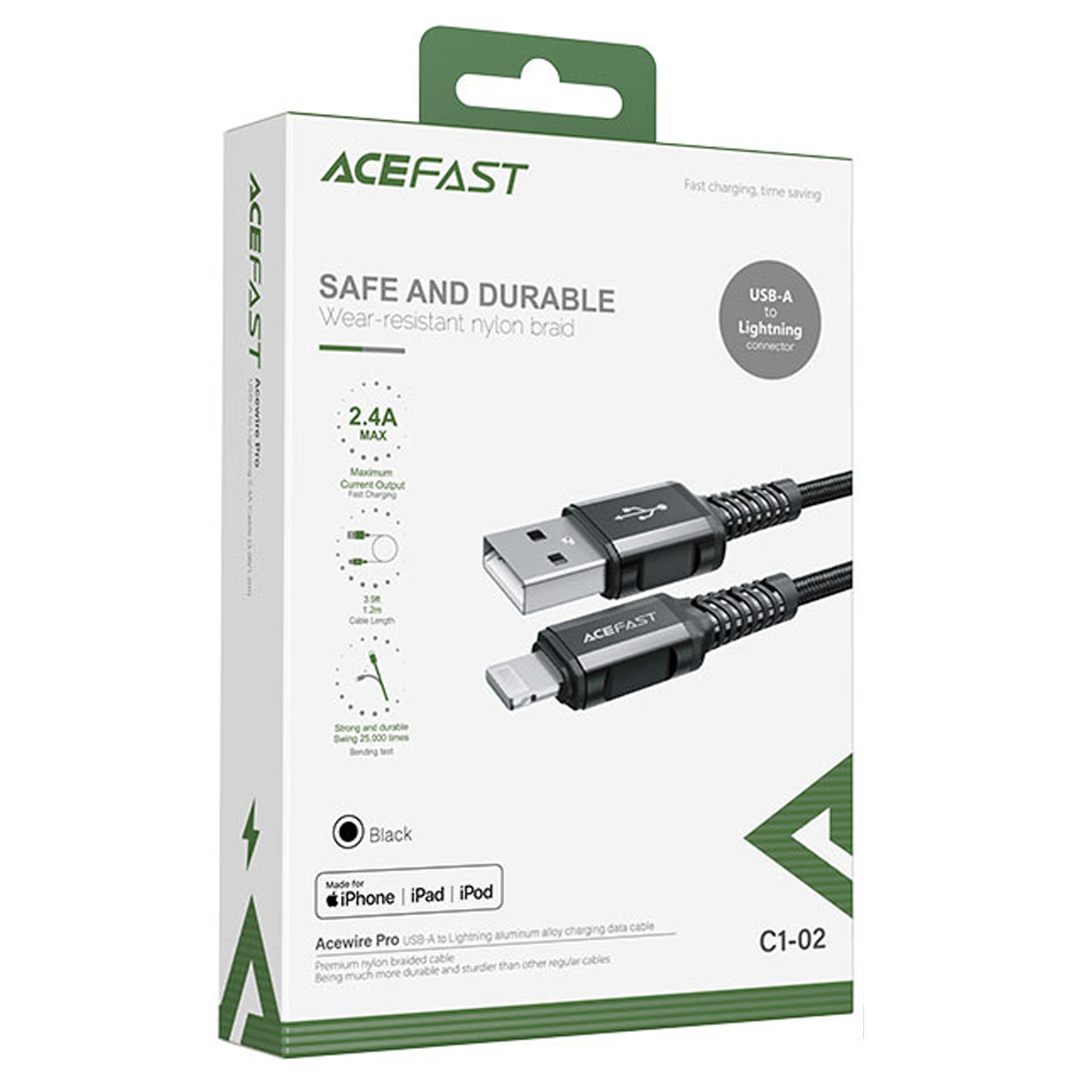 Дата кабель Acefast C1-02 USB to Lightning 2.4A (1.2m), Black 3, купить оптом с доставкой