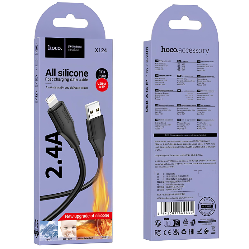 Уцінка Дата кабель Hoco X124 Bien silicone USB to Lightning 2.4A (1m), М'ята упаковка / Black 3, купити оптом з доставкою