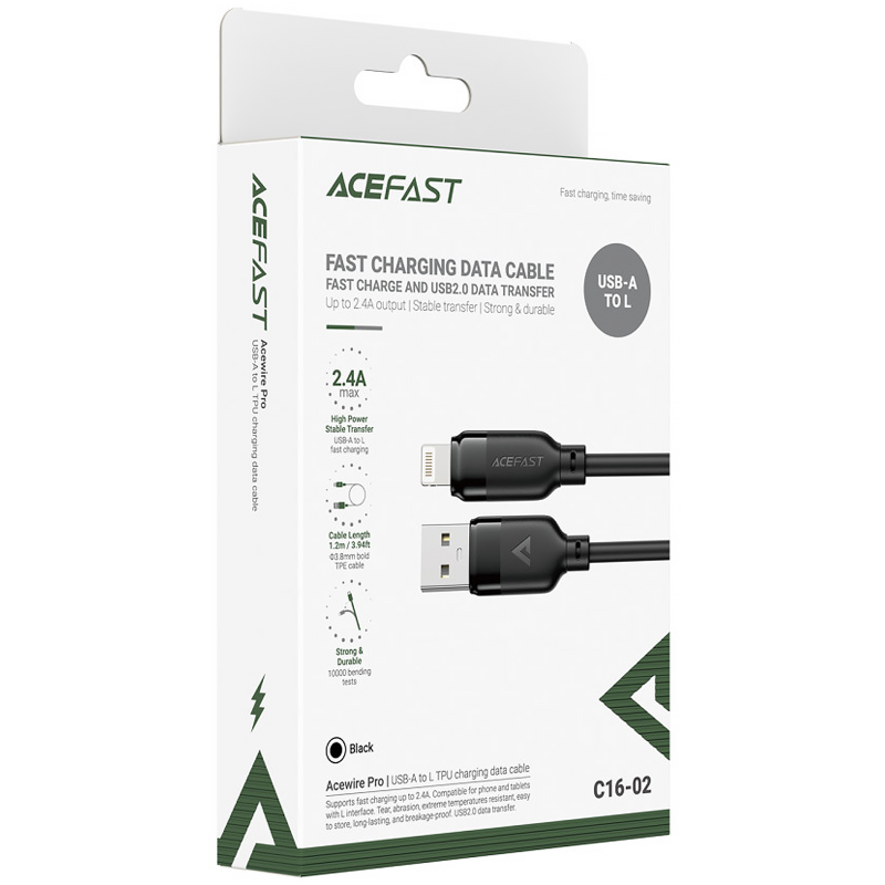Дата кабель Acefast C16-02 USB to Lightning 2.4A (1.2m), Black 1, купить оптом с доставкой