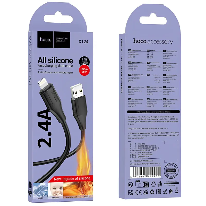 Дата кабель Hoco X124 Bien silicone USB to Lightning 2.4A (1m), Black 3, купить оптом с доставкой