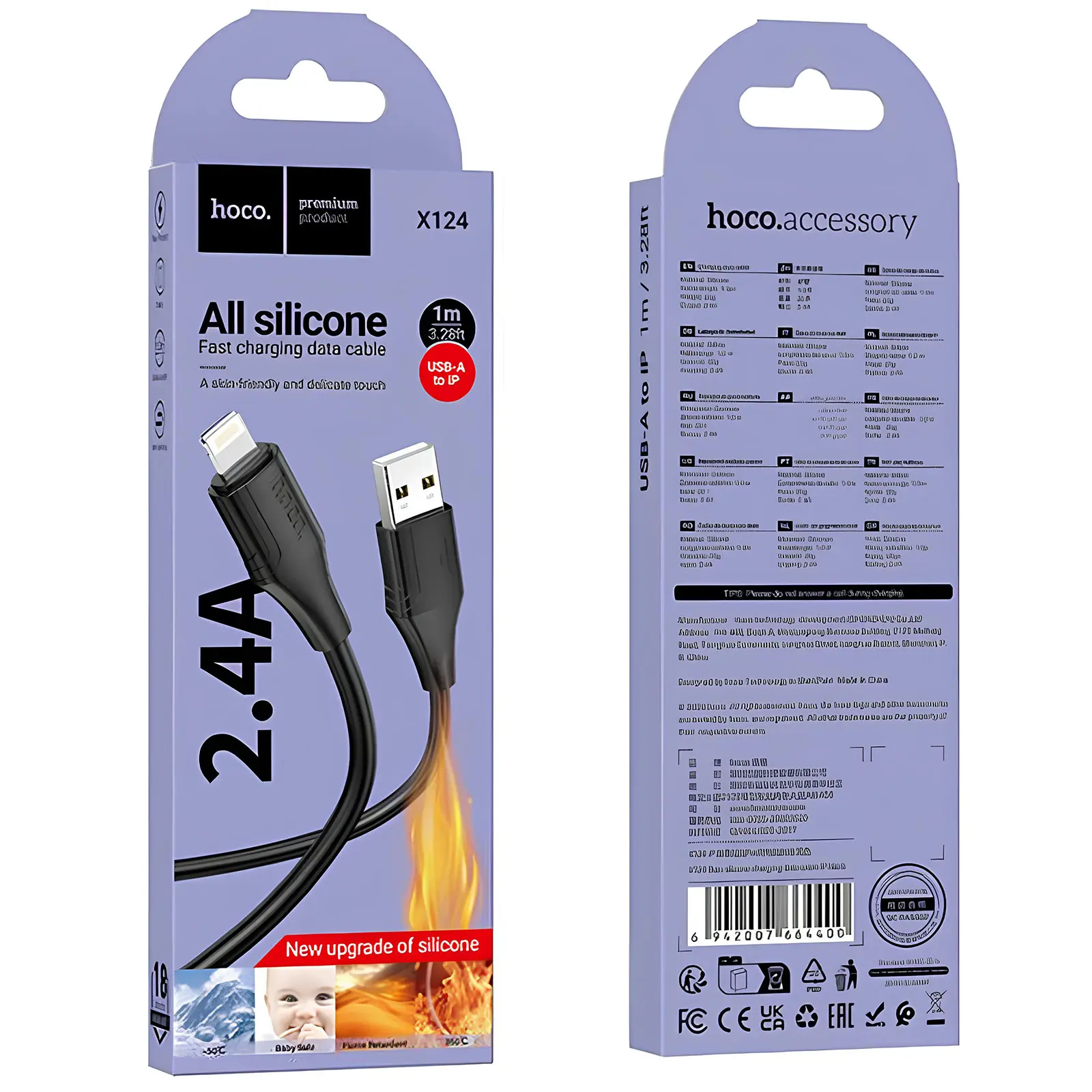 Дата кабель Hoco X124 Bien silicone USB to Lightning 2.4A (1m), Black 3, купить оптом с доставкой
