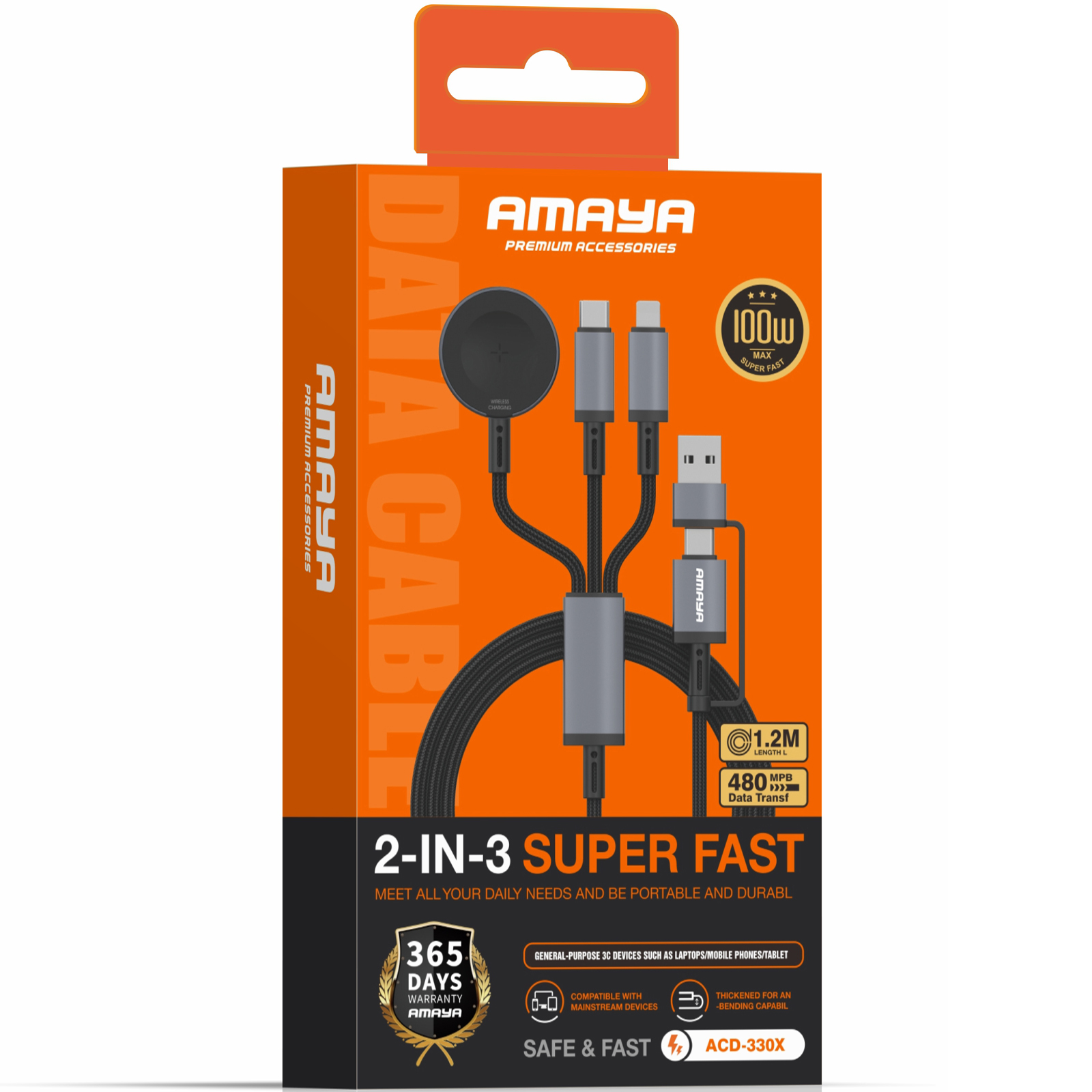 Дата кабель Amaya ACD-330X 6in1 Type-C/USB to iWatch/Lightning/Type-C 100W (1.2m), Black 1, купить оптом с доставкой