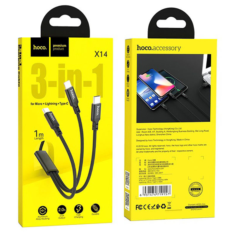 Дата кабель Hoco X14 Times Speed 3in1 (Lightning+Micro USB+Type-C) (1m), Чорний 4, купити оптом з доставкою
