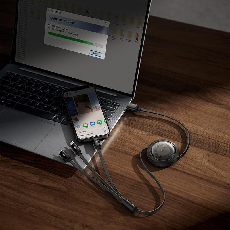 Дата кабель Baseus Free2Draw Retractable Crystal Fast Charging 3in1 100W (1.1m) (P10368700111-03) на малюнкі №6