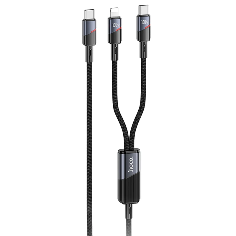 Дата кабель Hoco U139 Type-C to Lightning/Type-C 100W (1.2m), Black, купити оптом з доставкою