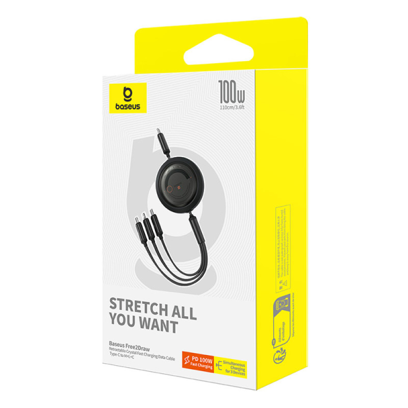 Дата кабель Baseus Free2Draw Retractable Crystal Fast Charging Type-C to 3in1 100W (1.1m) (P1036800) на малюнкі №6