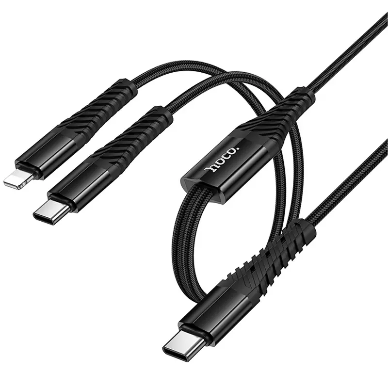 Дата кабель Hoco X123 Victory 2in1 Type-C to Lightning/Type-C 3A (1m), Black, купить оптом с доставкой
