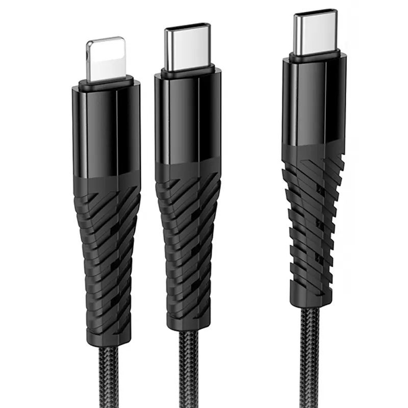 Дата кабель Hoco X123 Victory 2in1 Type-C to Lightning/Type-C 3A (1m), Black 2, купить оптом с доставкой