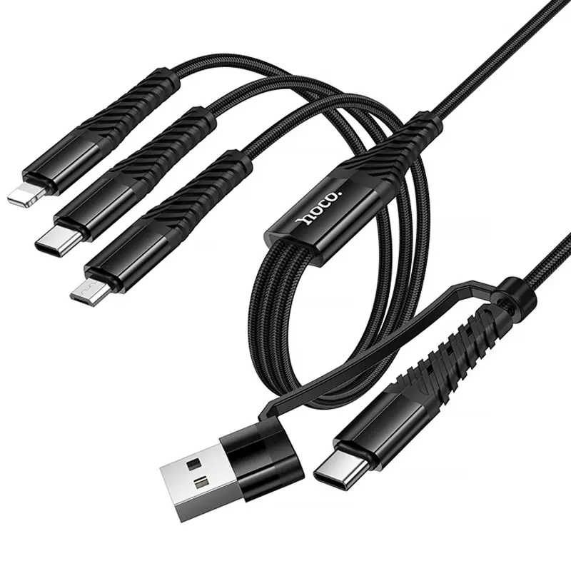 Дата кабель Hoco X123 Victory 3in1 Type-C to Lightning/Type-C/MicroUSB 3A (1m), Black, купить оптом с доставкой