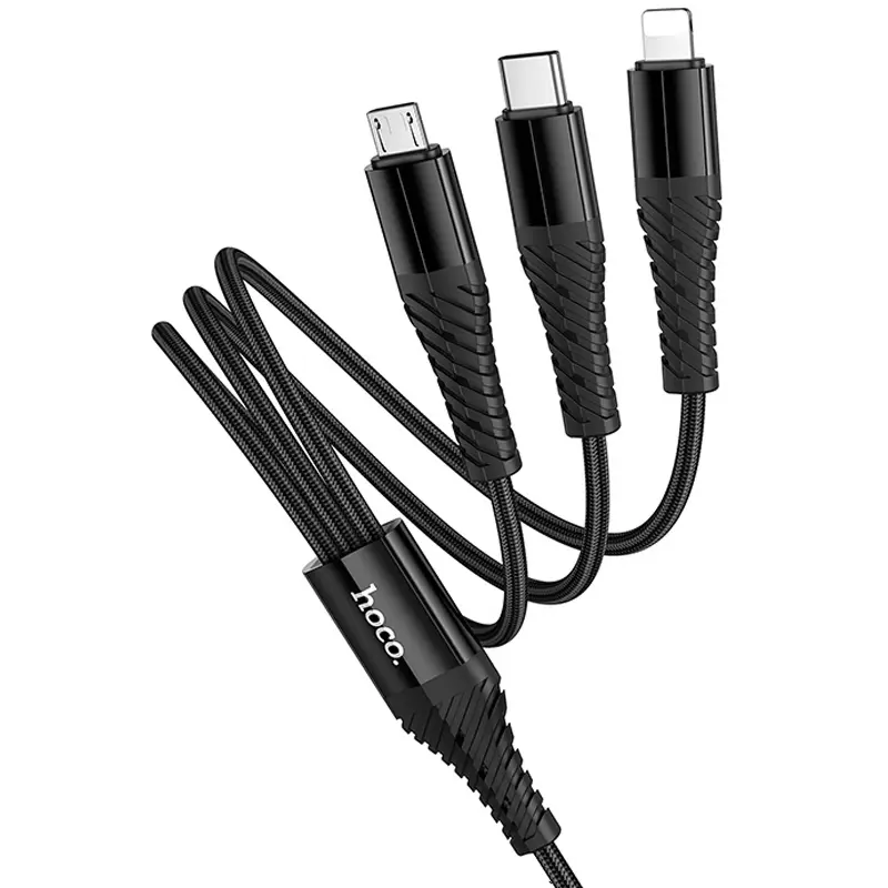 Дата кабель Hoco X123 Victory 3in1 Type-C to Lightning/Type-C/MicroUSB 3A (1m), Black 3, купить оптом с доставкой