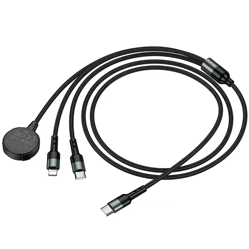 Дата кабель Hoco CW64 3in1 Type-C to iWatch/Lightning/Type-C 15W (1.2m), Black 5, купити оптом з доставкою