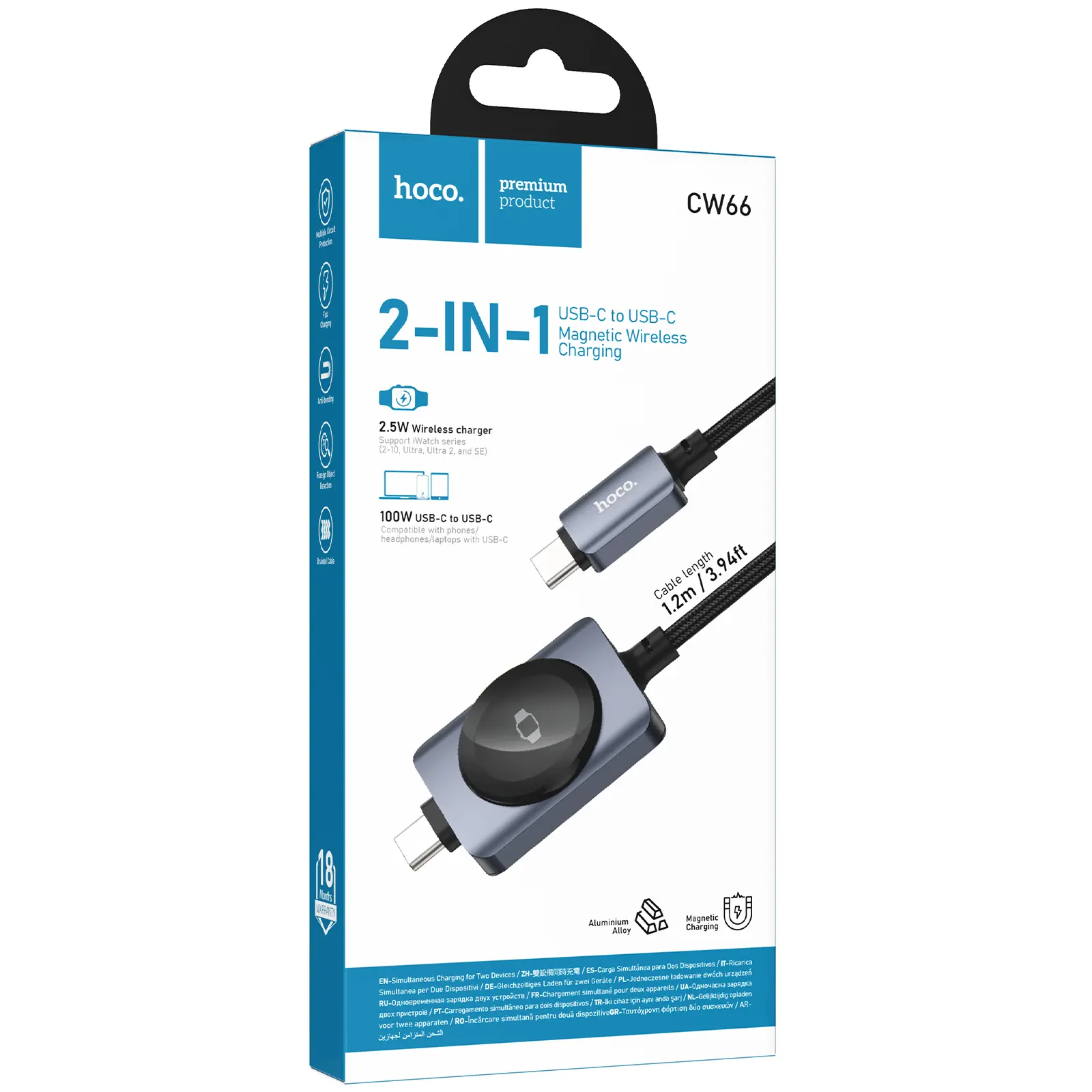 Дата кабель Hoco CW66 2in1 Type-C to iWatch/Type-C PD100W (1.2m), Black 4, купити оптом з доставкою
