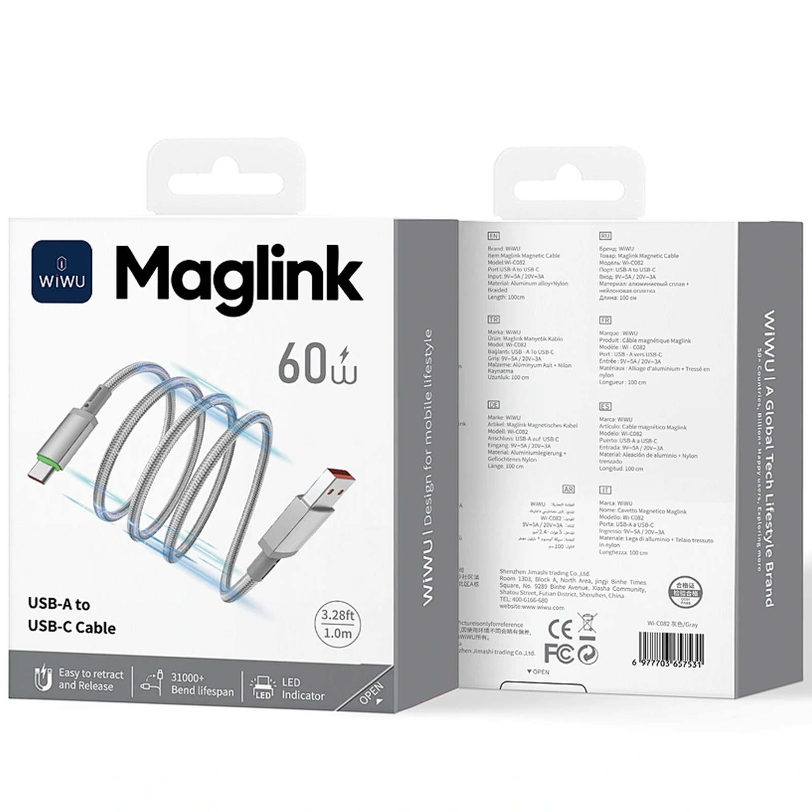 Дата кабель WIWU C082 Maglink USB to Type-C 60W (1m), Grey 4, купити оптом з доставкою