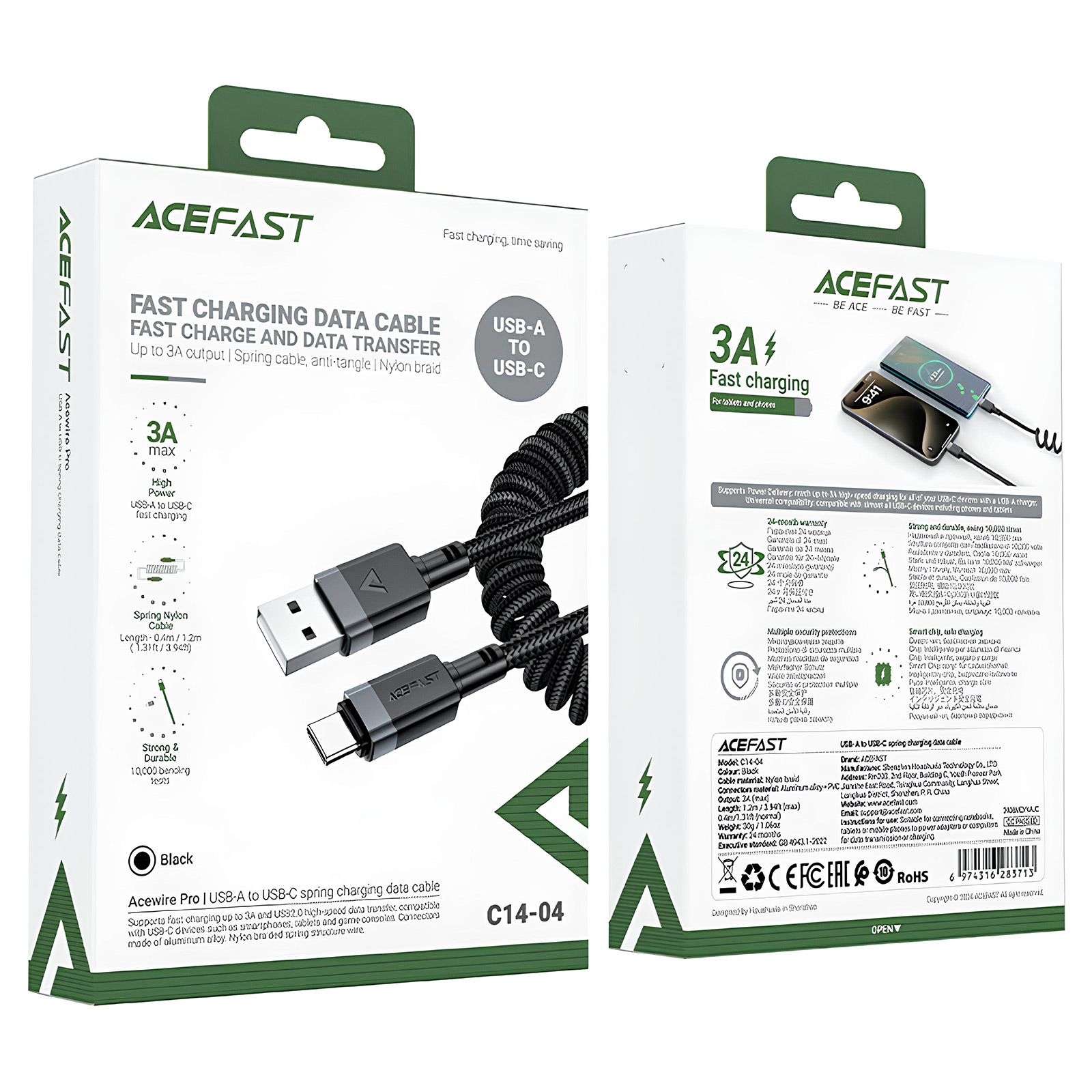 Дата кабель Acefast C14-04 USB to Type-C 3A (1.2m), Black 5, купити оптом з доставкою