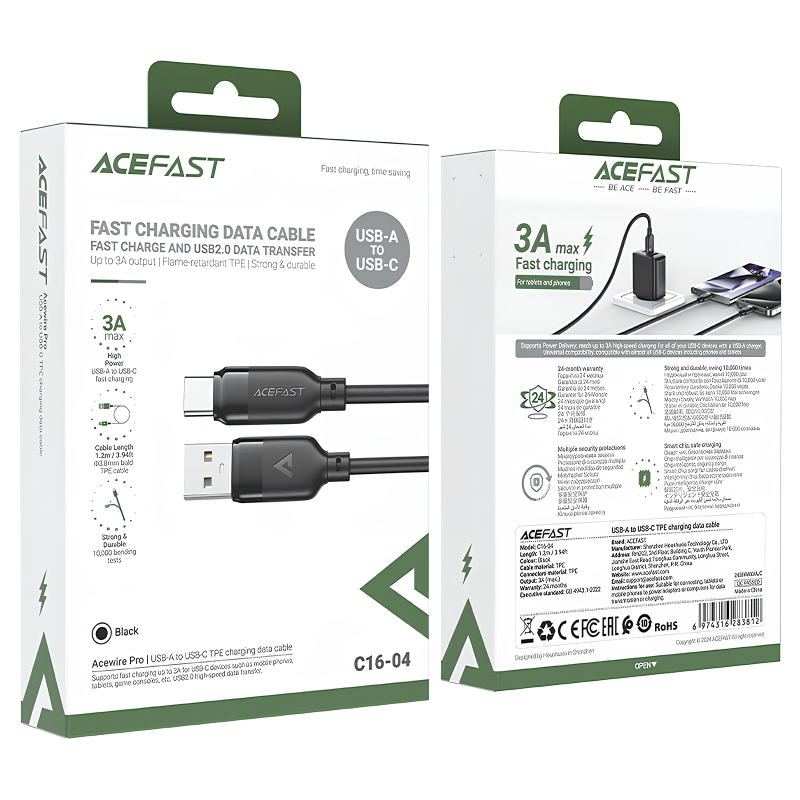 Дата кабель Acefast C16-04 USB to Type-C 3A (1.2m), Black 4, купити оптом з доставкою