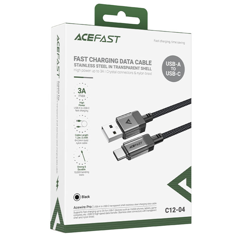 Дата кабель Acefast C12-04 USB to Type-C 3A (1.2m), Black 4, купити оптом з доставкою