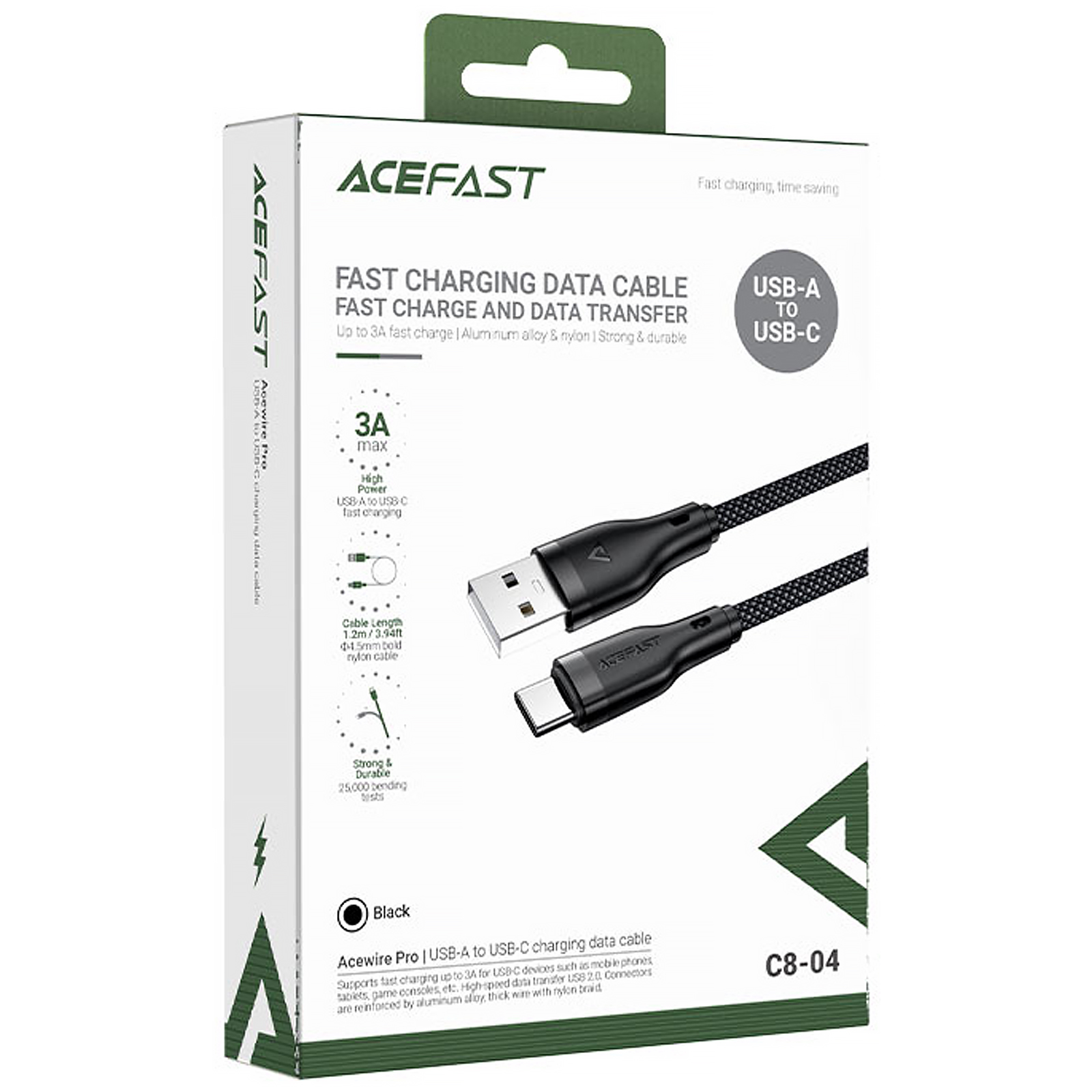 Дата кабель Acefast C8-04 USB to Type-C 3A (1.2m), Black 1, купити оптом з доставкою