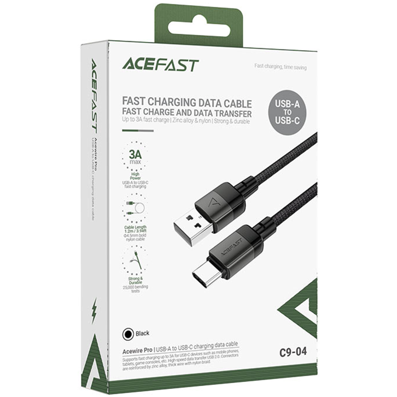 Дата кабель Acefast C9-04 USB to Type-C 3A (1.2m), Black 1, купить оптом с доставкой