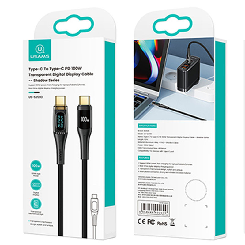 Дата кабель USAMS US-SJ590 Type-C to Type-C PD 100W Transparent Digital Display Cable (1.2m) дивитися фото №5