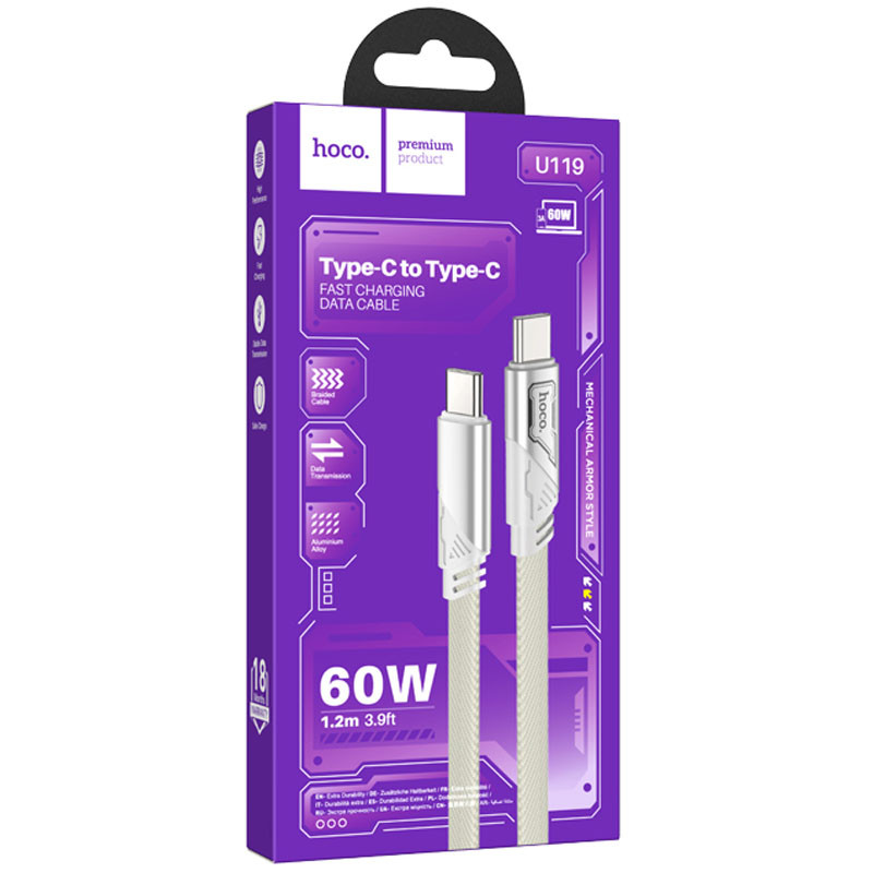 Дата кабель Hoco U119 Machine charging data Type-C to Type-C 60W (1.2m) дивитися фото №5