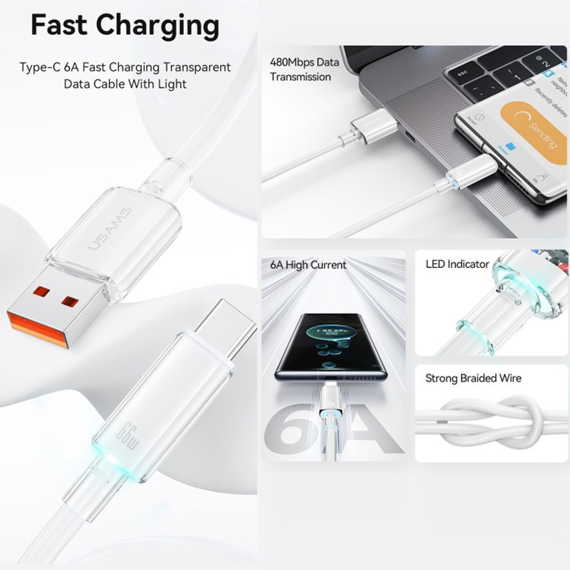 Дата кабель USAMS US-SJ658 USB to Type-C 6A Cloud Series (1.2m) Зображення №7 Дата кабель USAMS US-SJ658 USB to Type-C 6A Cloud Series (1.2m) дивитися фото №7