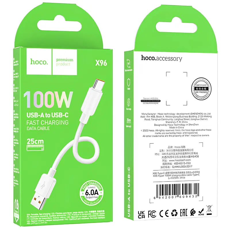 Дата кабель Hoco X96 Hyper USB to Type-C 100W (0.25m), White 4, купить оптом с доставкой
