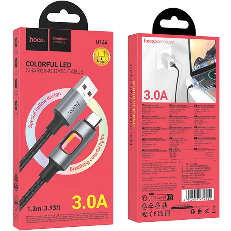 Дата кабель Hoco U144 New USB to Type-C 3A (1.2m), Black 1, купить оптом с доставкой