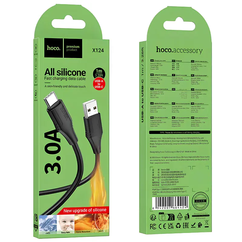 Дата кабель Hoco X124 Bien silicone USB to Type-C 3A (1m), Black 3, купить оптом с доставкой