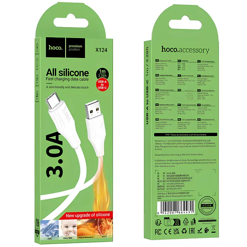 Дата кабель Hoco X124 Bien silicone USB to Type-C 3A (1m), White 2, купить оптом с доставкой