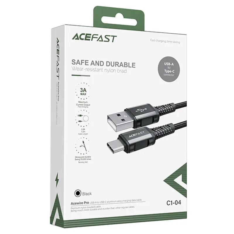 Дата кабель Acefast C1-04 USB to Type-C 3A (1.2m), Black 2, купити оптом з доставкою