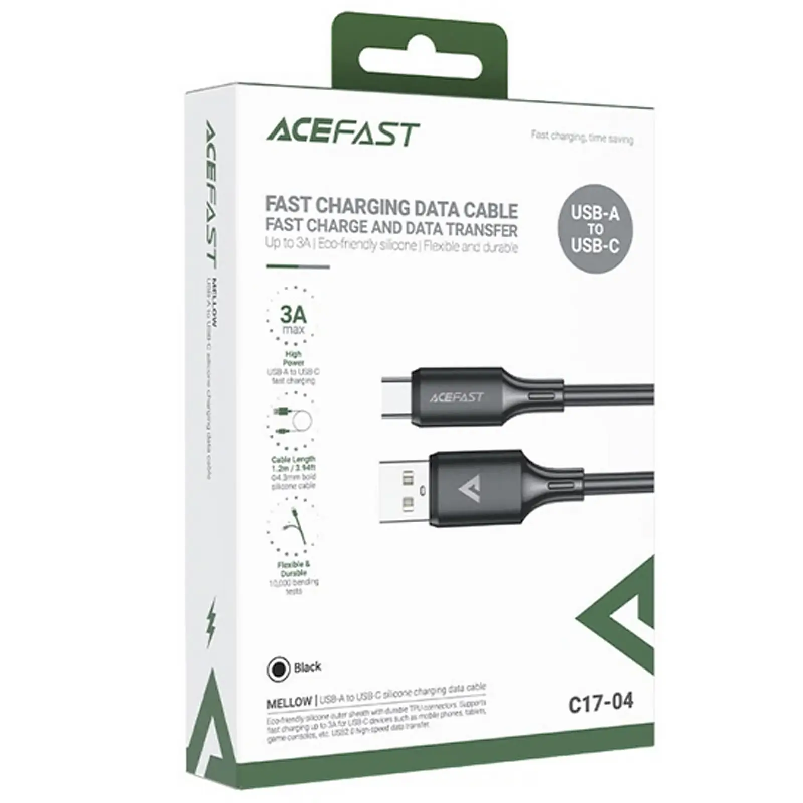 Дата кабель Acefast C17-04 USB to Type-C 3A (1.2m), Black 1, купити оптом з доставкою