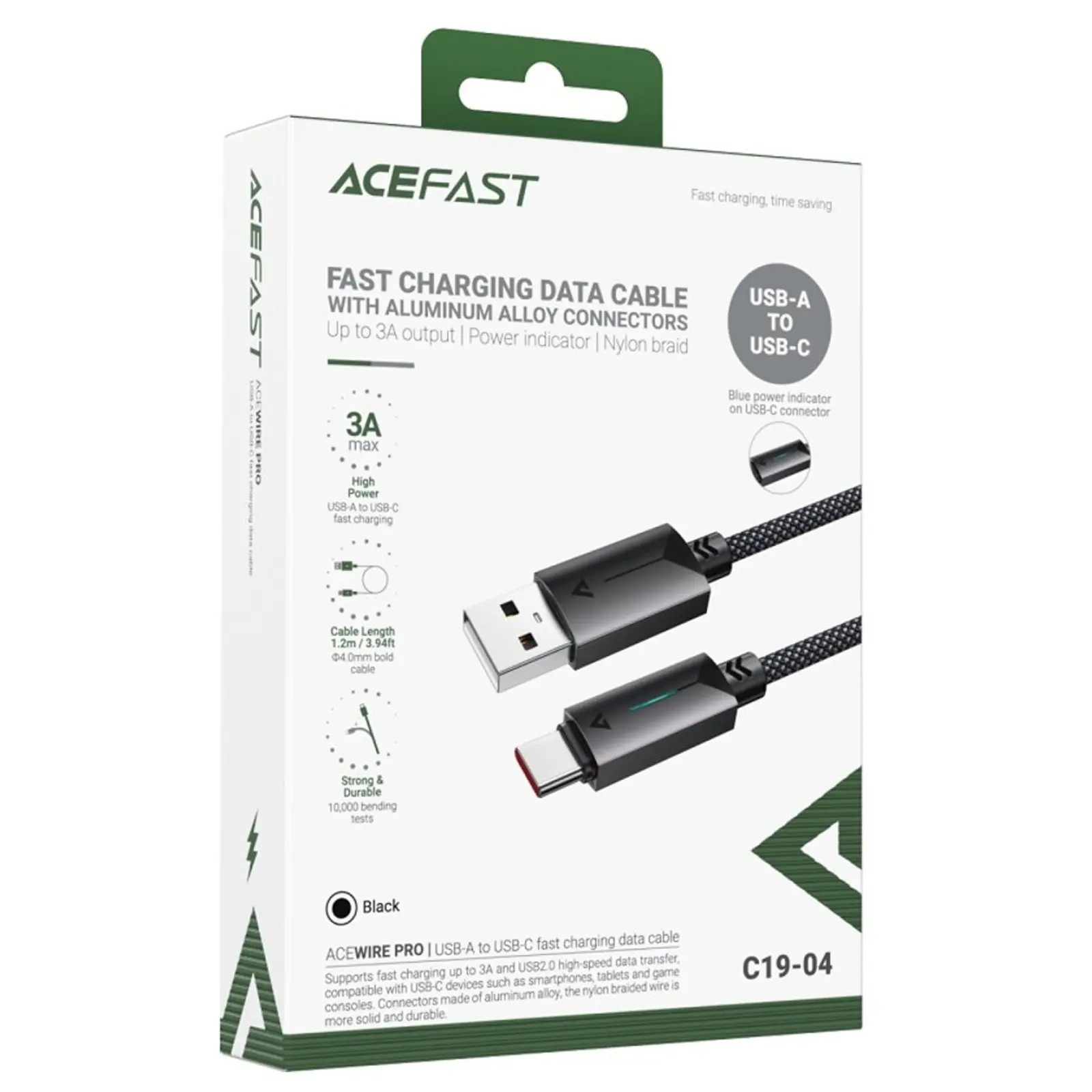 Дата кабель Acefast C19-04 USB to Type-C 3A (1.2m), Black 1, купити оптом з доставкою