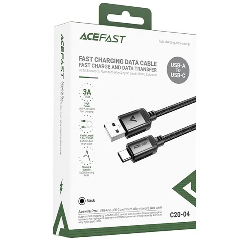 Дата кабель Acefast C20-04 USB to Type-C 3A (1.2m), Black 1, купити оптом з доставкою