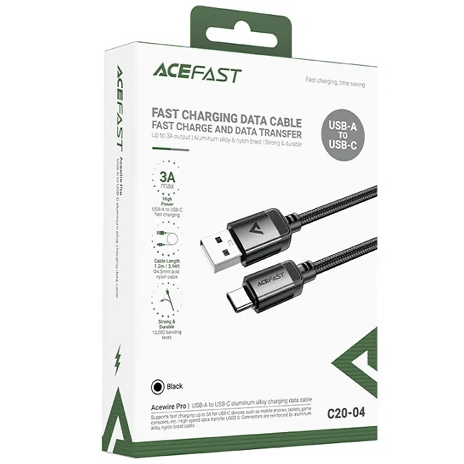 Дата кабель Acefast C20-04 USB to Type-C 3A (1.2m), Black 1, купити оптом з доставкою