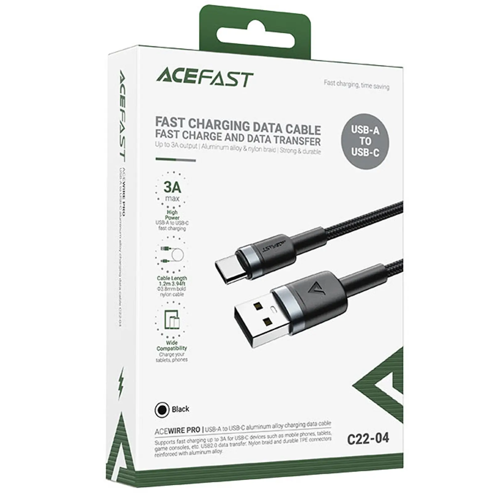 Дата кабель Acefast C22-04 USB to Type-C 60W (1.2m), Black 1, купити оптом з доставкою