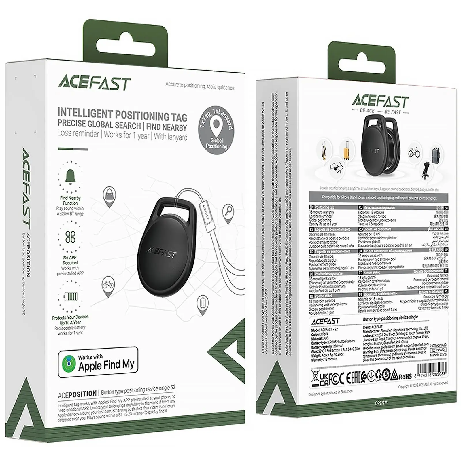 Трекер Acefast S2 Safe Tag 230 mAh, Black 1, купити оптом з доставкою