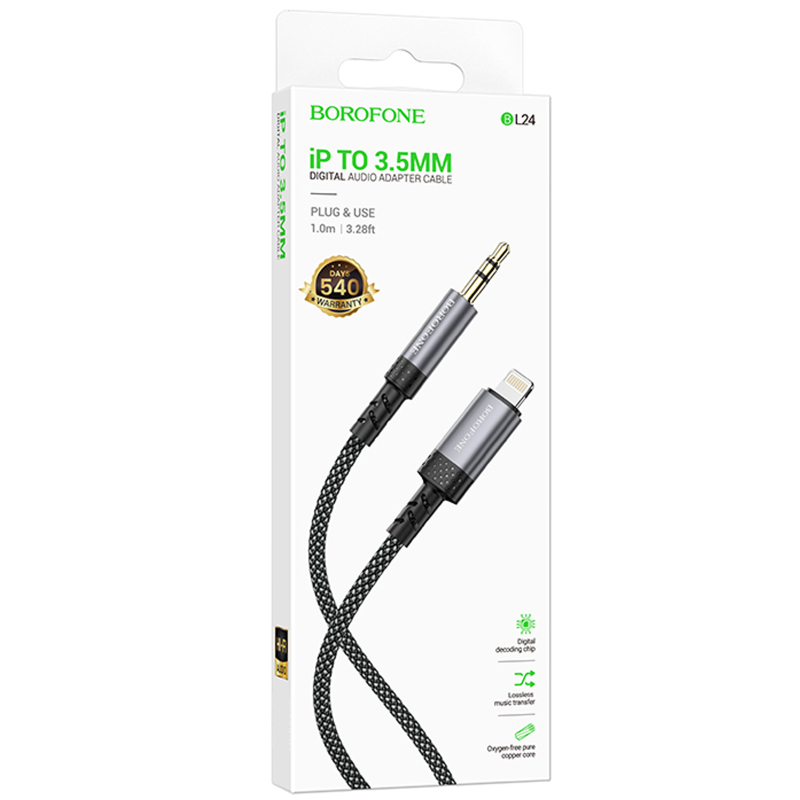 Аудио кабель Aux Borofone BL24 Graceful (Lightning to AUX 3.5mm) (1m) на картинке №2