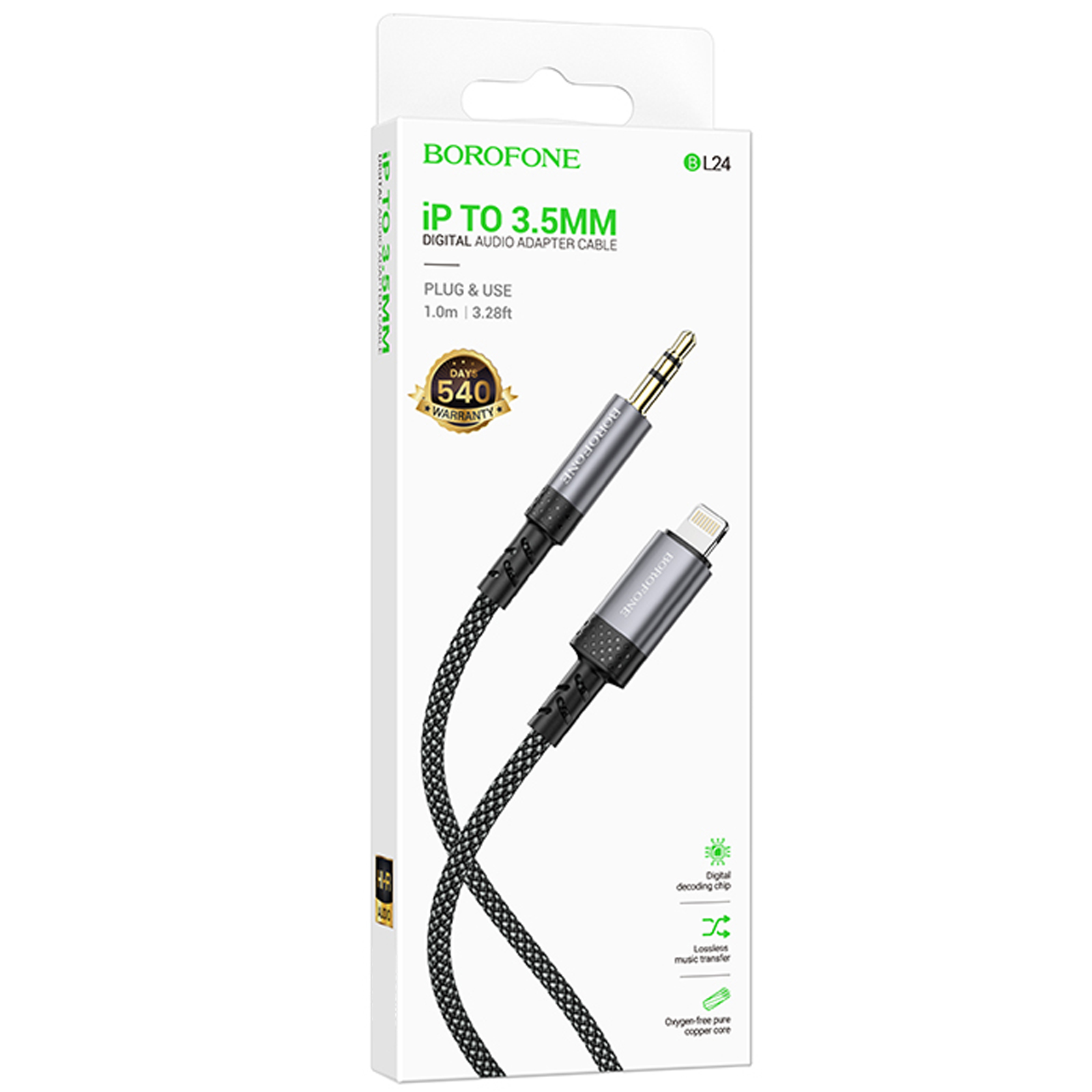 Аудіо кабель Aux Borofone BL24 Graceful (Lightning to AUX 3.5mm) (1m), Metal grey 1, купити оптом з доставкою
