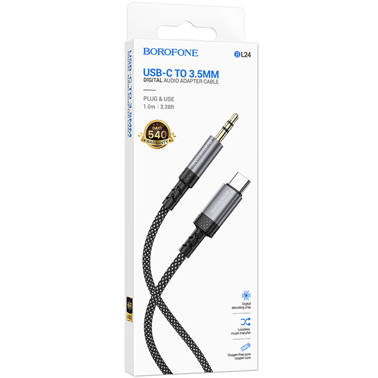 Аудио кабель Aux Borofone BL24 Graceful Type-C to AUX 3.5mm) (1m), Metal grey 1, купить оптом с доставкой