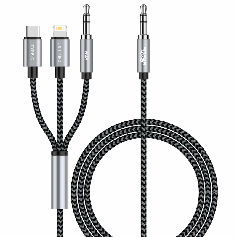 Аудио кабель Aux Amaya AUX-05 (Type-C/Lightning/AUX to AUX 3.5mm) (1.2m) на картинке №1