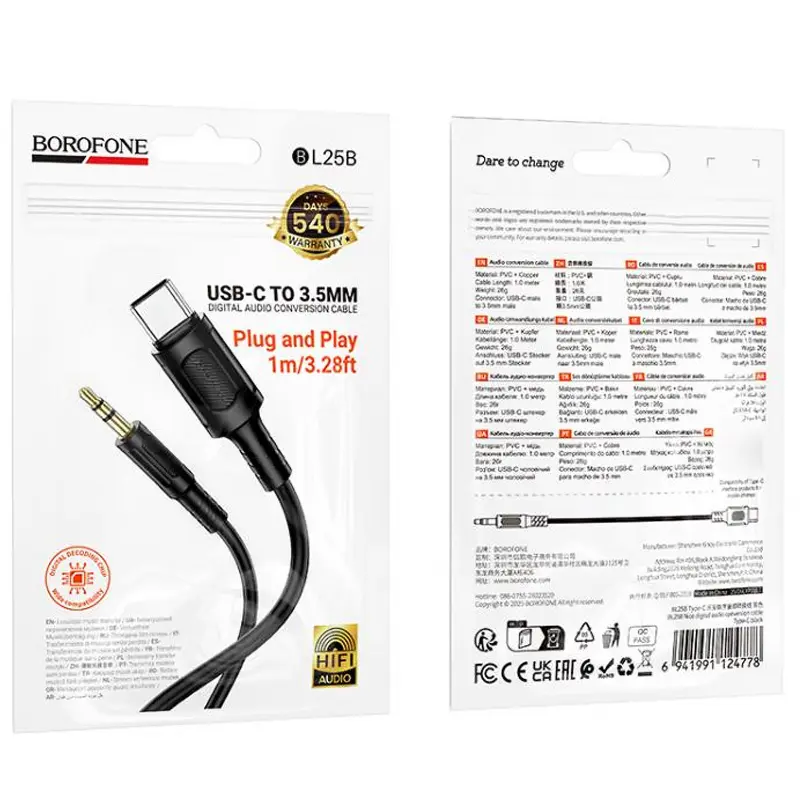 Аудио кабель Aux Borofone BL25B Nice (Type-C to AUX 3.5mm) (1m), Black 3, купить оптом с доставкой