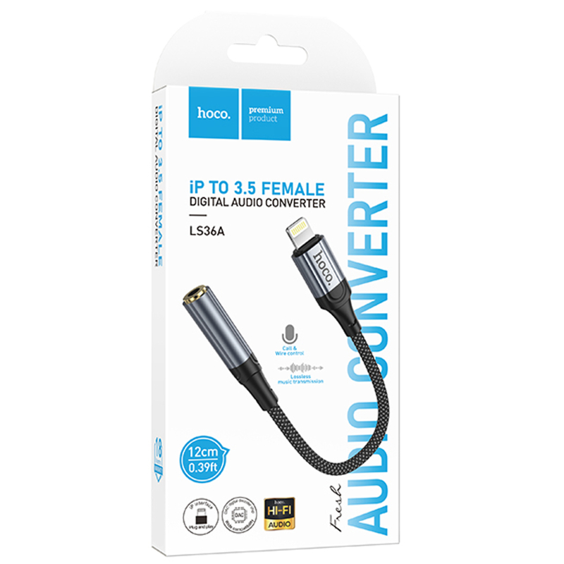 Аудио кабель Aux Hoco LS36A Fresh 3.5mm to Lightning (0.12m) на картинке №2