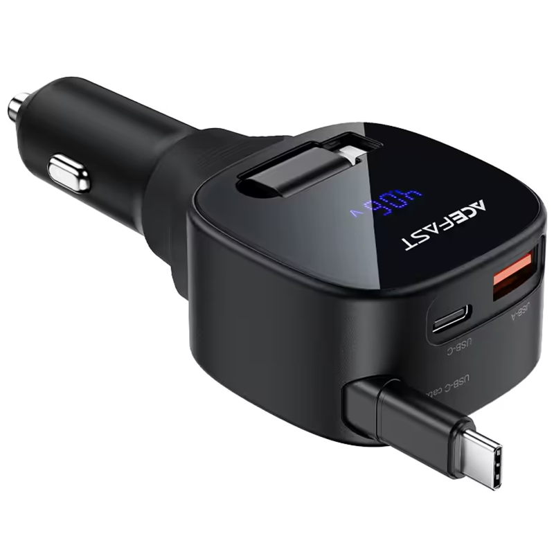 АЗУ Acefast B17 PD30W+QC3.0 total 95W (1USB-A/1C) with retractable cable Type-C, Black 1, купить оптом с доставкой
