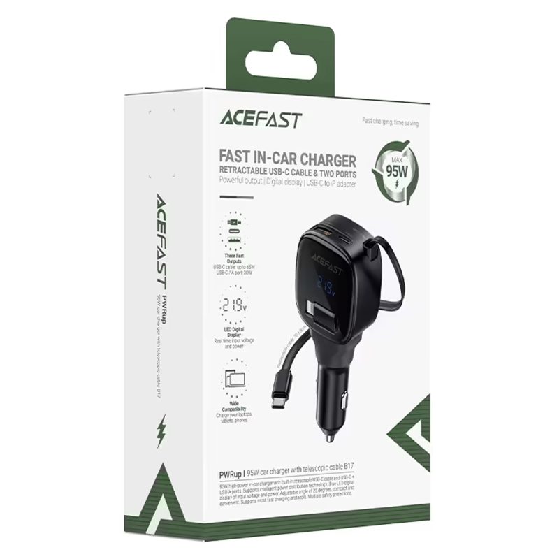 АЗУ Acefast B17 PD30W+QC3.0 total 95W (1USB-A/1C) with retractable cable Type-C на картинке №4