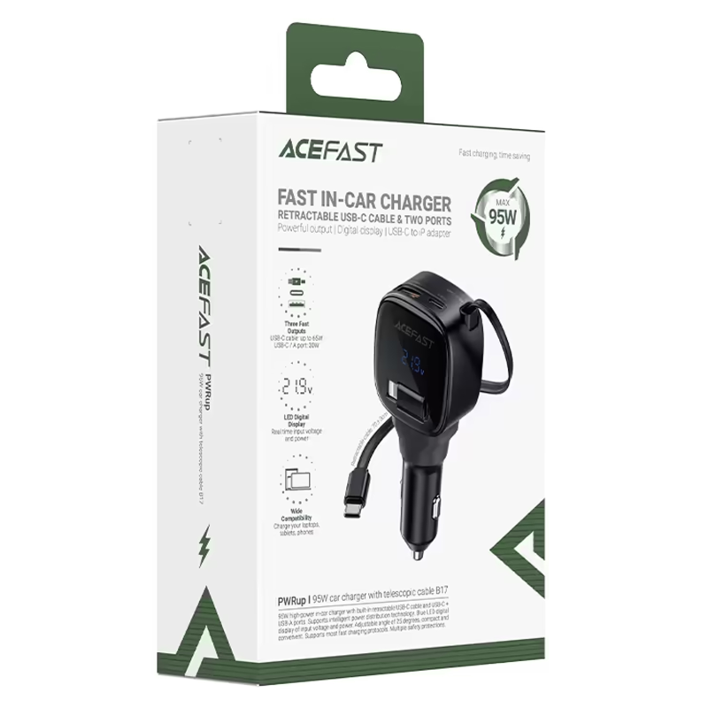 АЗУ Acefast B17 PD30W+QC3.0 total 95W (1USB-A/1C) with retractable cable Type-C, Black 3, купить оптом с доставкой