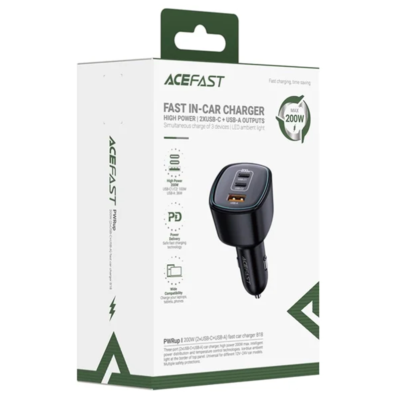 АЗУ Acefast B18 PD100W+QC3.0 total 200W (1USB-A/2C), Black 4, купить оптом с доставкой