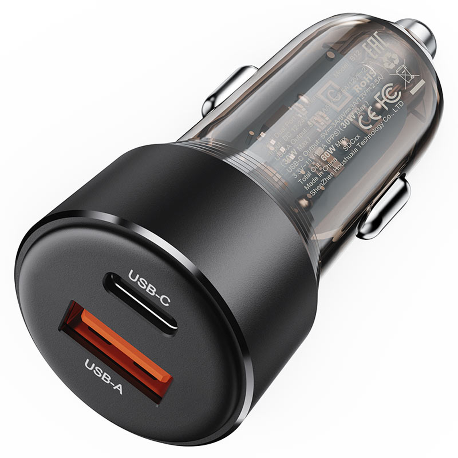 АЗП Acefast B12 PD30W+QC3.0 total 60W (1USB-A/1C), Black 2, купити оптом з доставкою