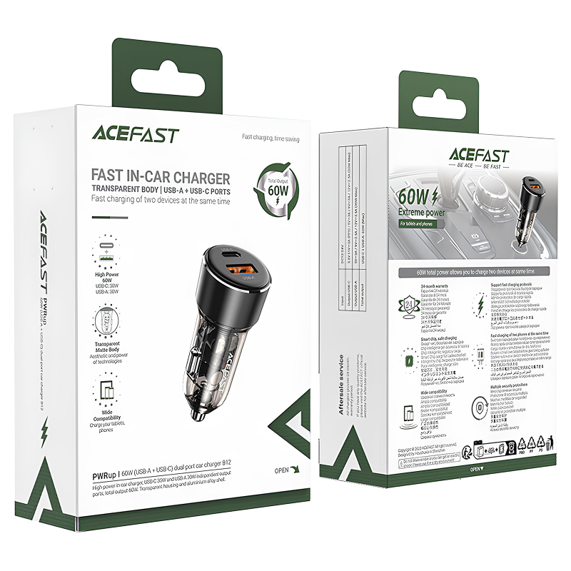 АЗП Acefast B12 PD30W+QC3.0 total 60W (1USB-A/1C), Black 3, купити оптом з доставкою