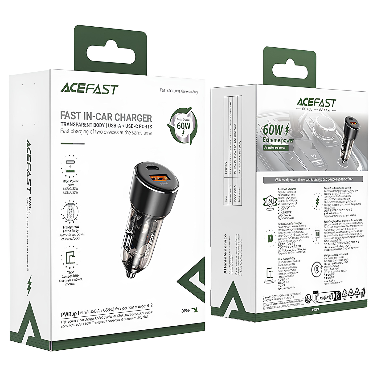 АЗП Acefast B12 PD30W+QC3.0 total 60W (1USB-A/1C), Black 3, купити оптом з доставкою