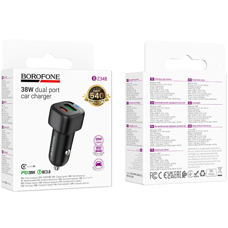 АЗП Borofone BZ34B Cloud PD20W+QC3.0 total 38W (1USB-A/1C), Black 1, купити оптом з доставкою